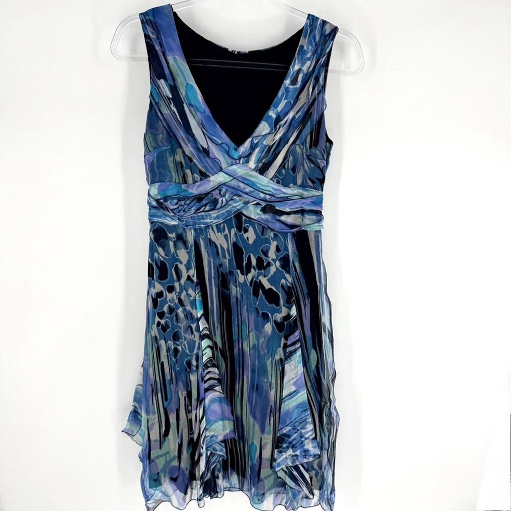 Claudia Gil‎ Blue Patterned Faux Wrap Sleeveless Dress with Jacket Silk Size 6 - Picture 4 of 14